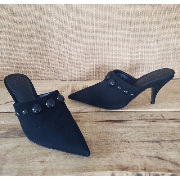 NWT $378 Tory Burch Black Suede Georgina Stud Kitten Heel Mule Sandal Size 8.5 - Picture 4 of 14